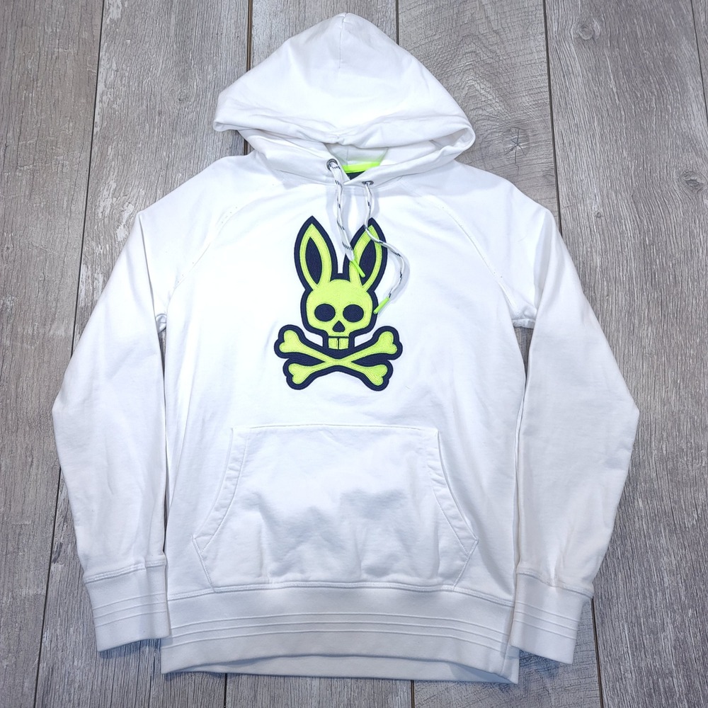 Psycho Bunny Hoodie Men XXS White Neon Lime Green Skull Crossbones Pullover